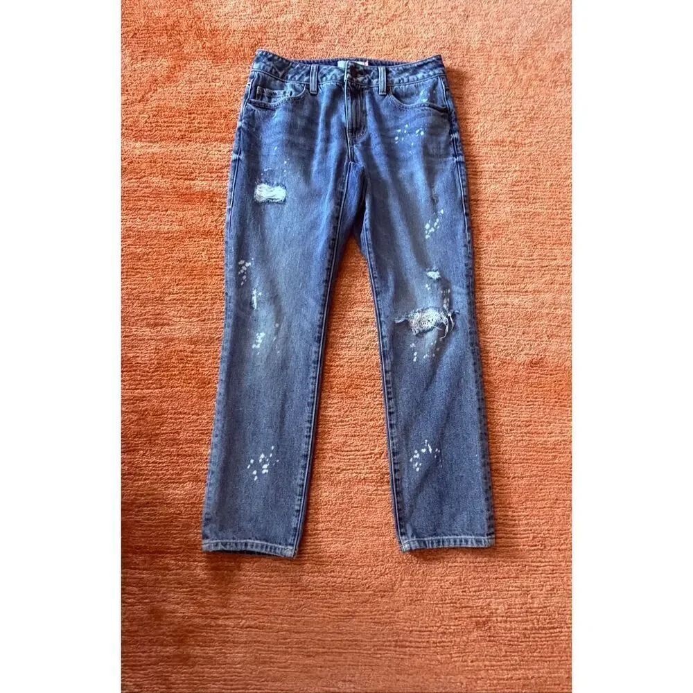 Cabi Jeans Distressed Straight Leg Denim Blue Paint Splatter Size 8